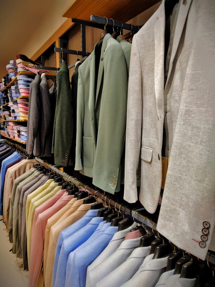 A diverse selection of suit jackets and shirts neatly arranged in a fashion retail store.